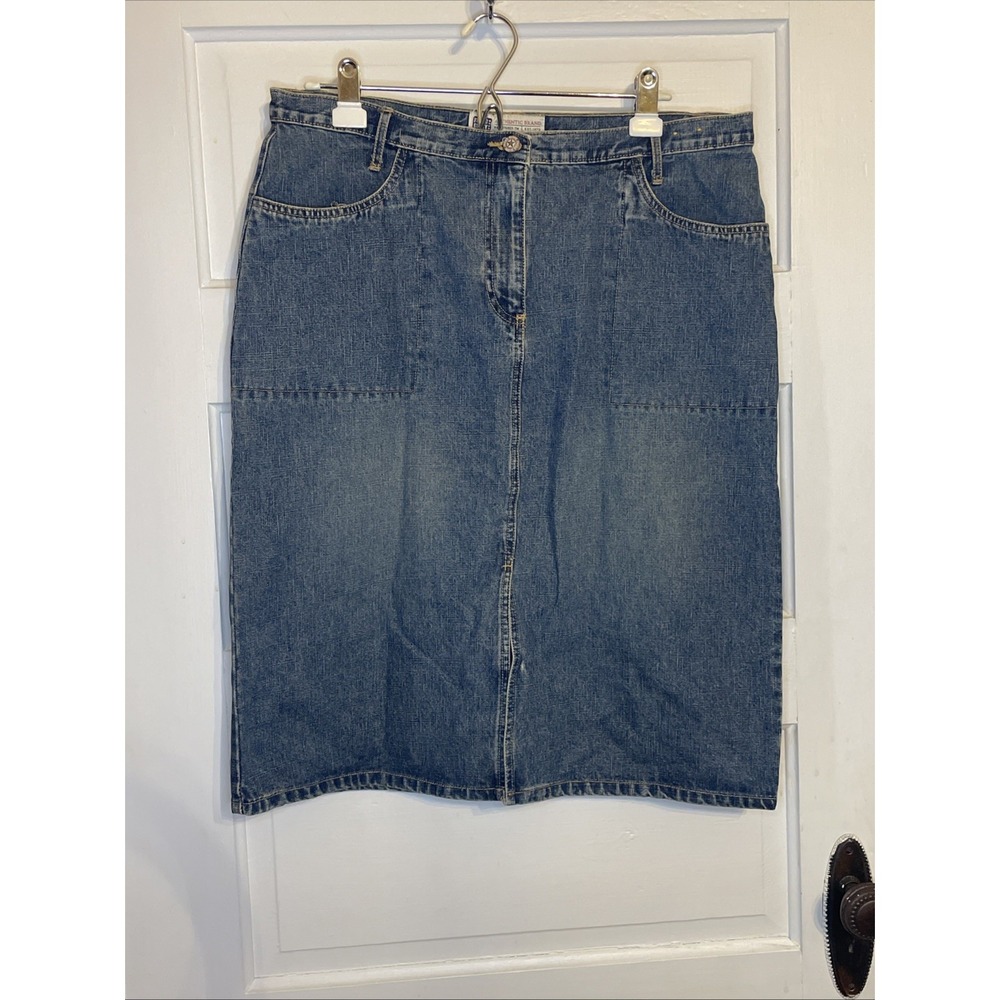 Faded Glory Denim Skirt Size 14 Dark Stone Wash Front Slit Modest
